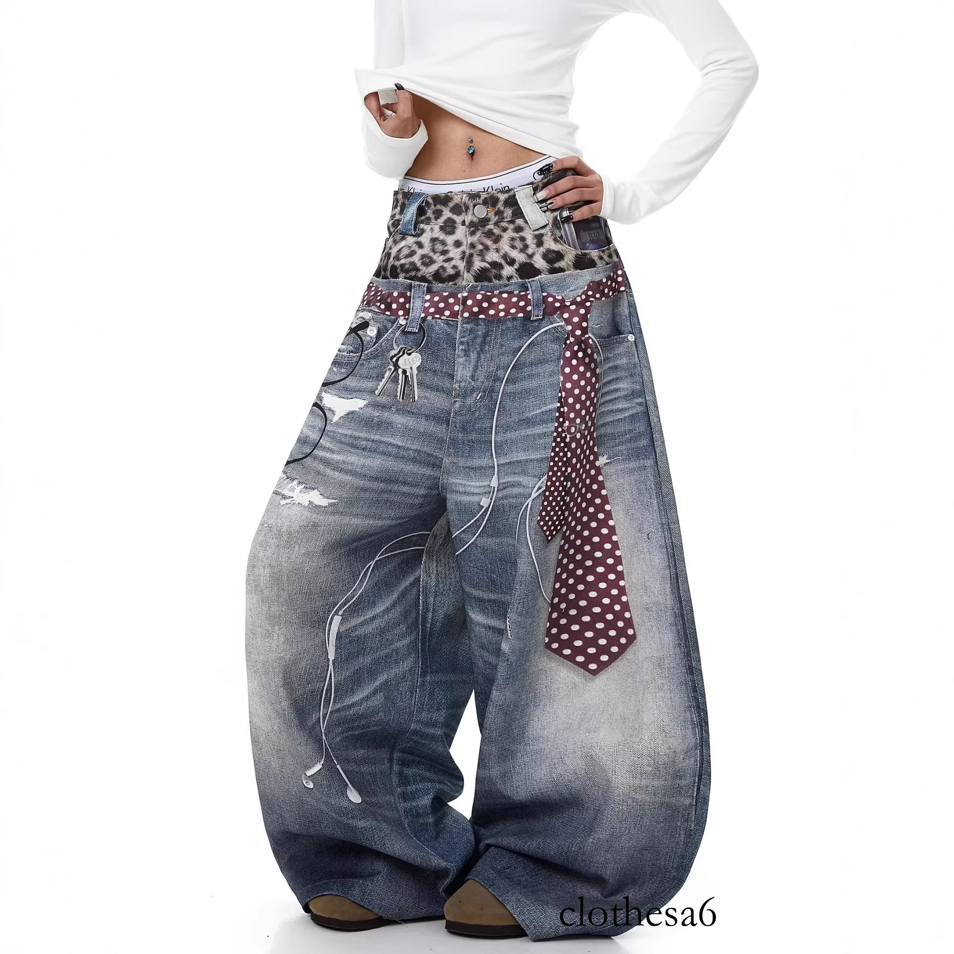 Loose Women's Denim Jeans with Leopard Print Tie Hole Punching Spring New Sle Casual Bf Wide Leg Pants Neutral Sle