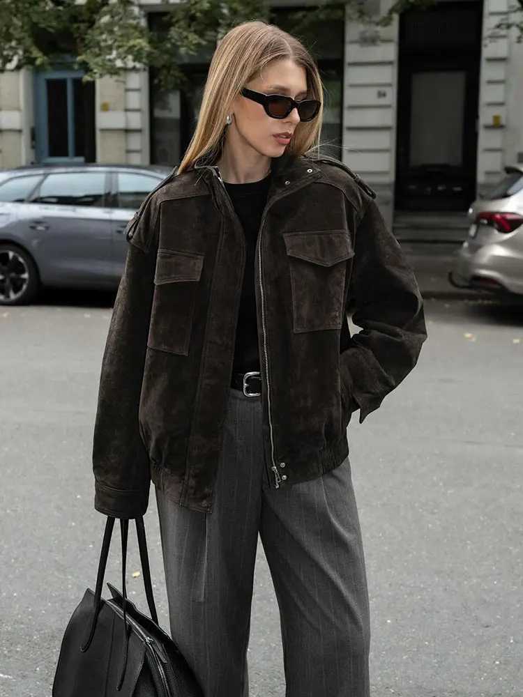 HH Women Street Casual Solid Suede Overcoat Jackets Stand Collar Zippers Loose Coats Female 2025 Autumn Fashion Lady JacketT260328