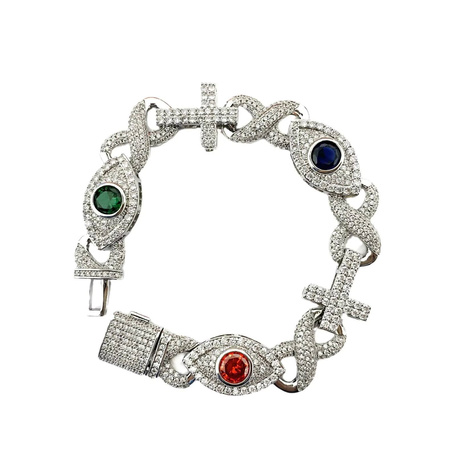 New Arrival Hiphop Fashion Trendy Sparkling Women Brass Moissanite Colorful Eye Cross Link Chain Bracelet