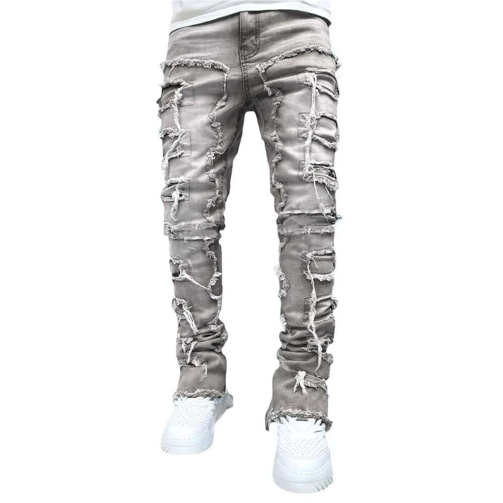 Men's Regular Stacked Jeans Ripped Slim Fit Patch Distressed Destroyed Straight Denim Pants Hip Hop Streetwear Trouser Cloth 26Y0330