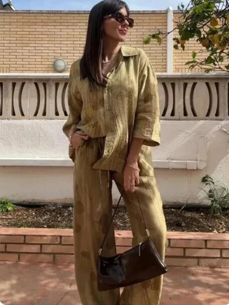 TFMLN Womens Fashion Two Piece Set Loose Jacquard Shirt High Waist Trousers Set Lapel Half Sleeve Shirt Wide Leg Pants 260326
