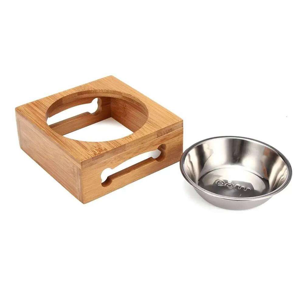 Pet Bear Bamboo Plate Natural Durable Safety Wood Stainless Steel Cat Dog Utility Double Bowl 26W0330