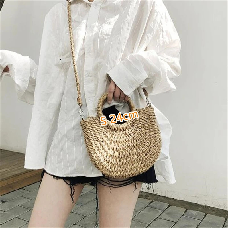Summer Handmade Bags for Women Beach Weaving Ladies Straw Bag Wrapped Beach Bag Moon shaped Top Handle Handbags 260316