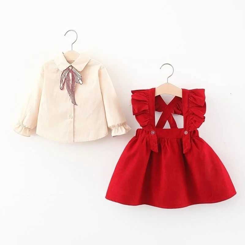 2 Pcs New Autumn Spring Baby Girl Bow Dresses Girls Long Sleeve Pure Cotton Newborn Birthday Dress Beige T-shirt and Red DressT260330