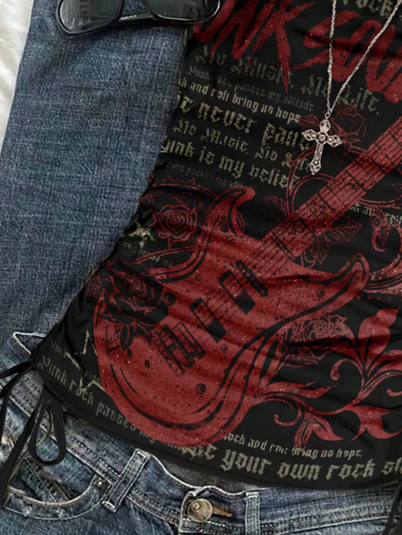 Womens casual retro drawstring front cut vest suitable for Y2K and guitar prints in spring and summer 260327