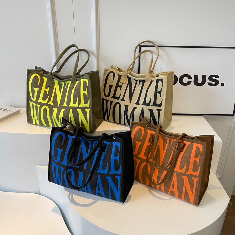 Free Shipping High Value Gentlewoman Style Canvas Tote Bag for Women Large Capacity Letter Print Shoulder Bag Casual Daily Handbag