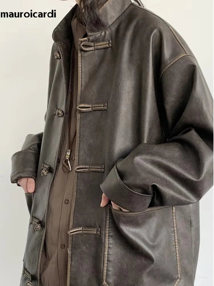 Mauroicardi Spring Cool Oversized Vintage Distressed Pu Leather Jacket Men Elegant Chinese Style Clothes 260327