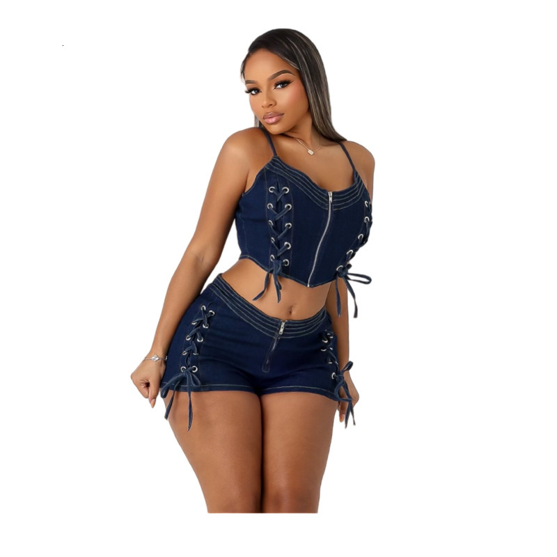 New Denim Shorts Set MZ88653 Lace-up Vest Elastic Shorts Set