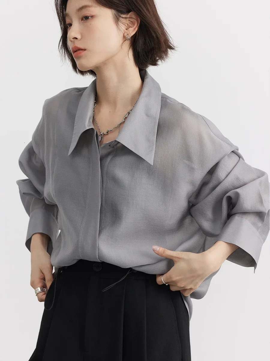 CHIC VEN Women Thin Shirt Long Sleeve Casual Loose Slightly Transparent Cool Blouses Woman Solid Design Female Top Summer 2024 260325