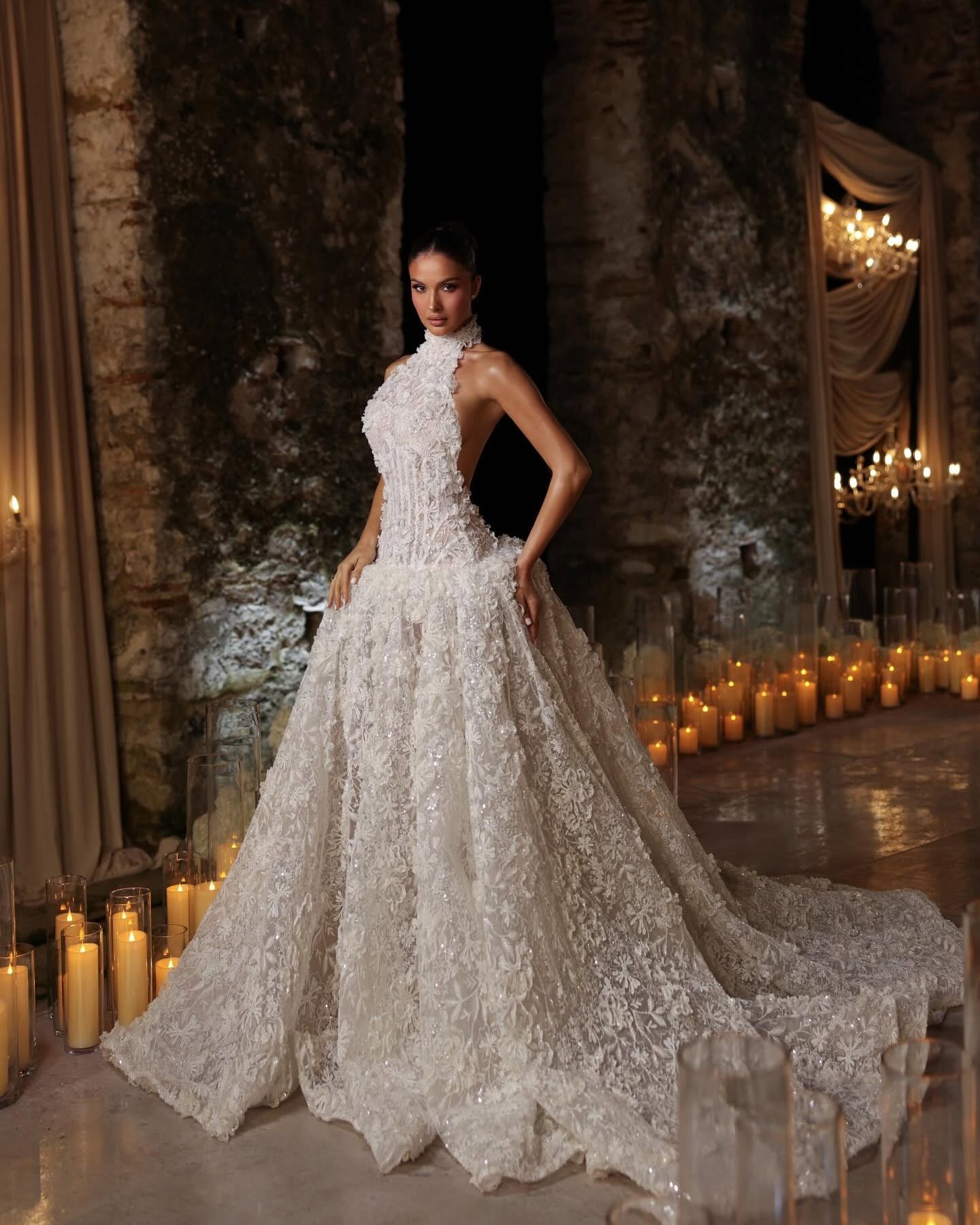 Luxury Ball Gown Wedding Dresses Halter Neck Sexy Backless Appliques Lace Bridal Gowns Sweep Train Customized Robe