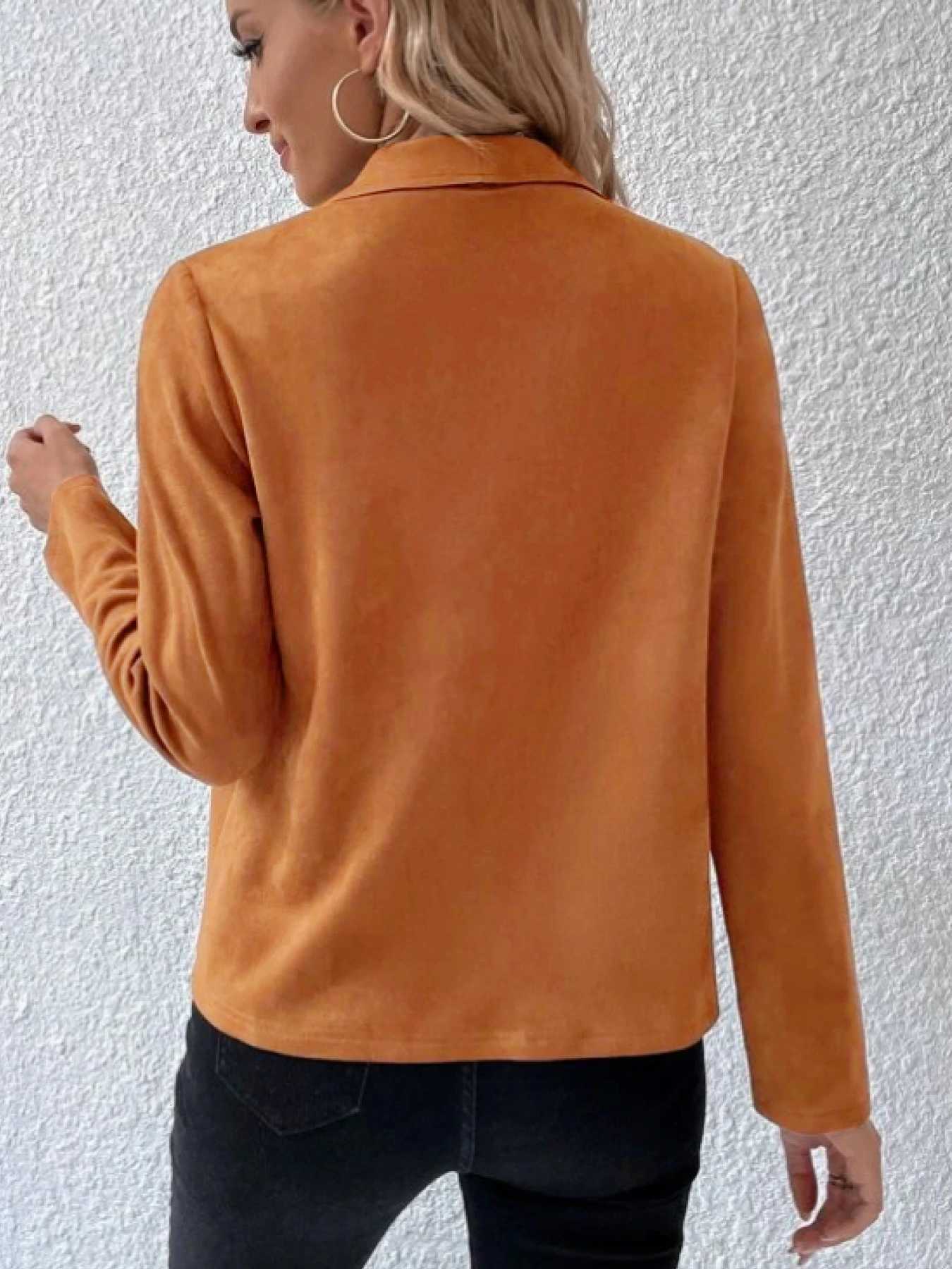 A womens caramel imitation suede lapel irregular hem short jacket light and mature commuter style thin suitT260328