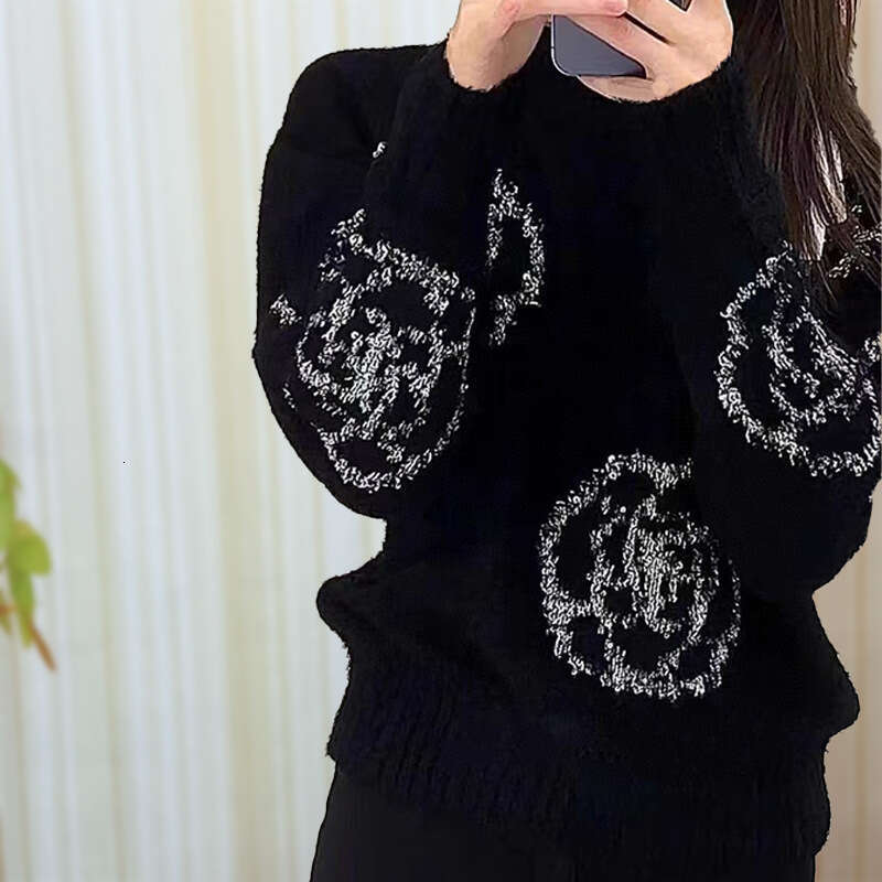 Women's Pullover Sweater, Loose Fit, Round Neck, Black, Long Sleeves, Camellia Sequin Knit Jacquard, Autumn New Model Qipao Hanfu Silk