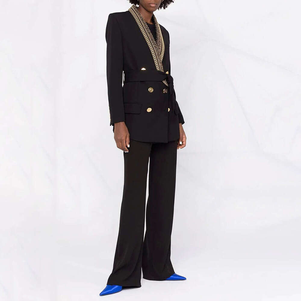 Spring and A9 Autumn New Designer Fashion Women's Medium to Long Sports Jacket with Gold Foil Belt Shawl Neck Black and White