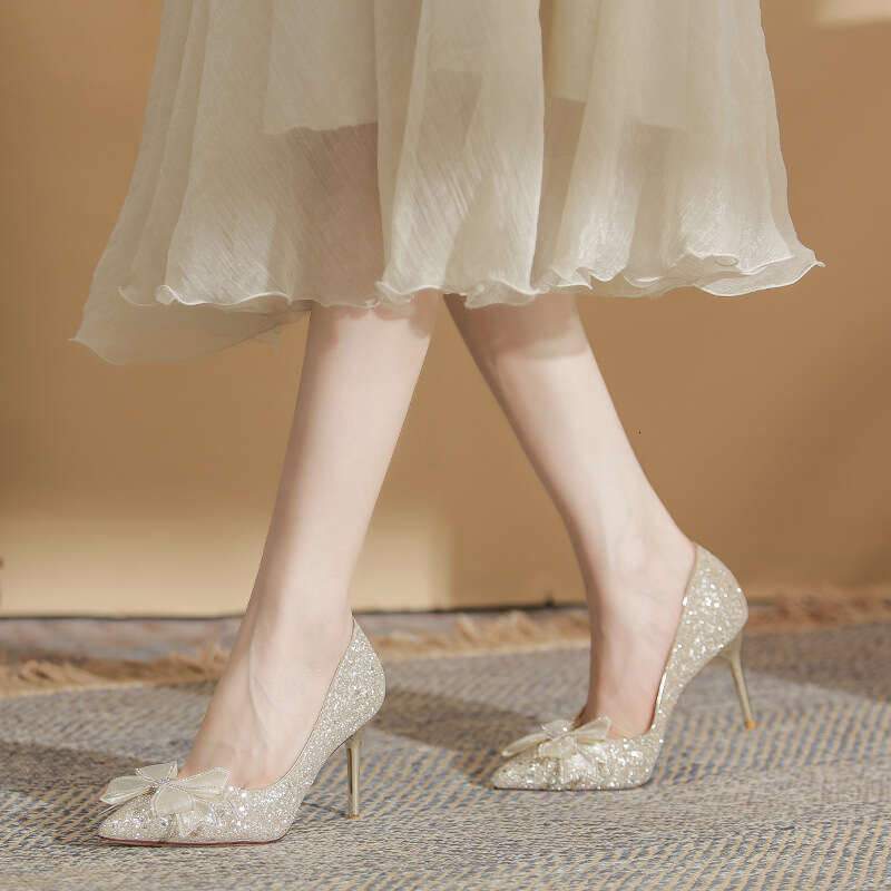 2026 Women French Style High Heels Bride Dress Banquet Rhinestone Bow Wedding Shoes Elegant Pointed Toe Sequin Pumps