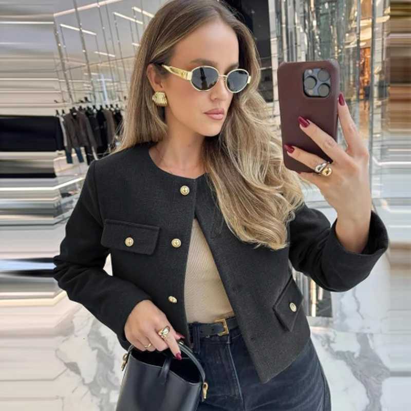 HXAO Tweed Bomber Jacket Womens Jackets Autumn 2025 Cropped Button Up Outerwears Elegant Fashion o-Neck Long Sleeve Top FemaleT260328