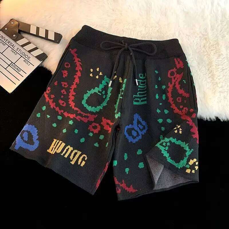 Y2k Cashew Flower Knitted Men Women Drawstring Loose Five Quarter Pant Summer American Vintage High Street Casual Shorts