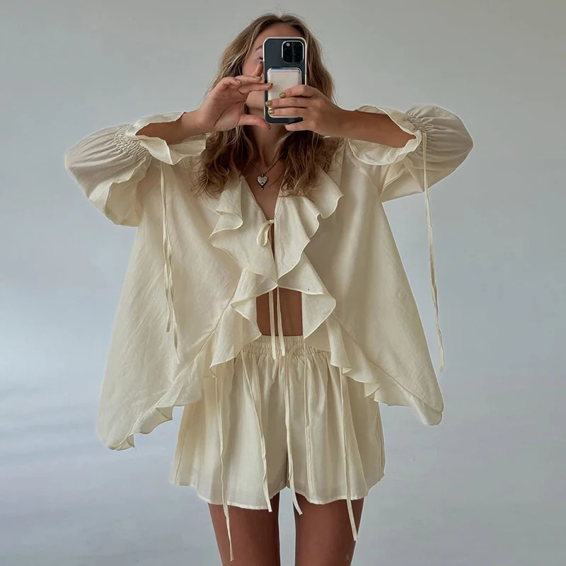 Tornova Womens Ruffled Shorts Sets V Neck Loose Lace Up Shirt Loose Through Sexy Casual Shorts Female Spring Matching Sets 260326