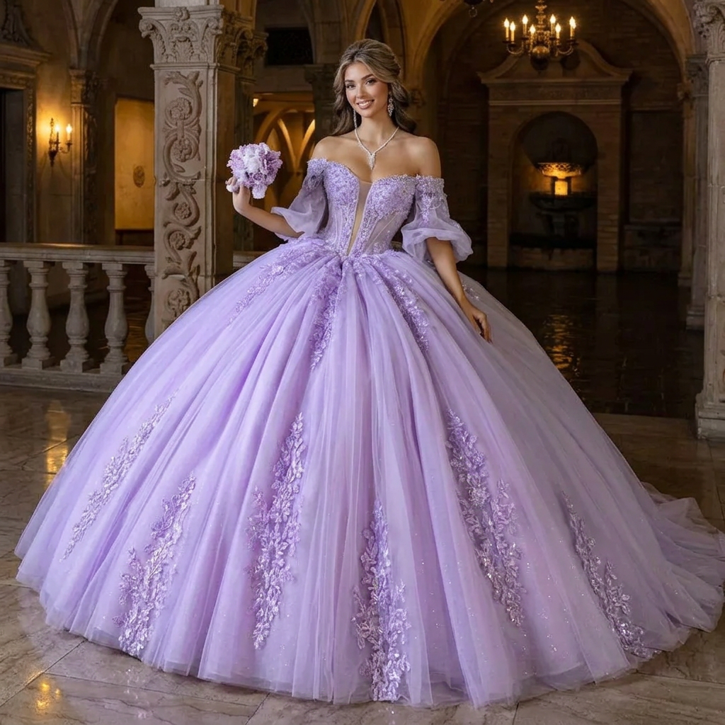 Lilac Ball Gown Princess Quinceanera Dresses Lace Appliques Off-Shoulder Half Sleeves Tulle Gorgeous Prom Birthday Boutique Dress For Teen Girls