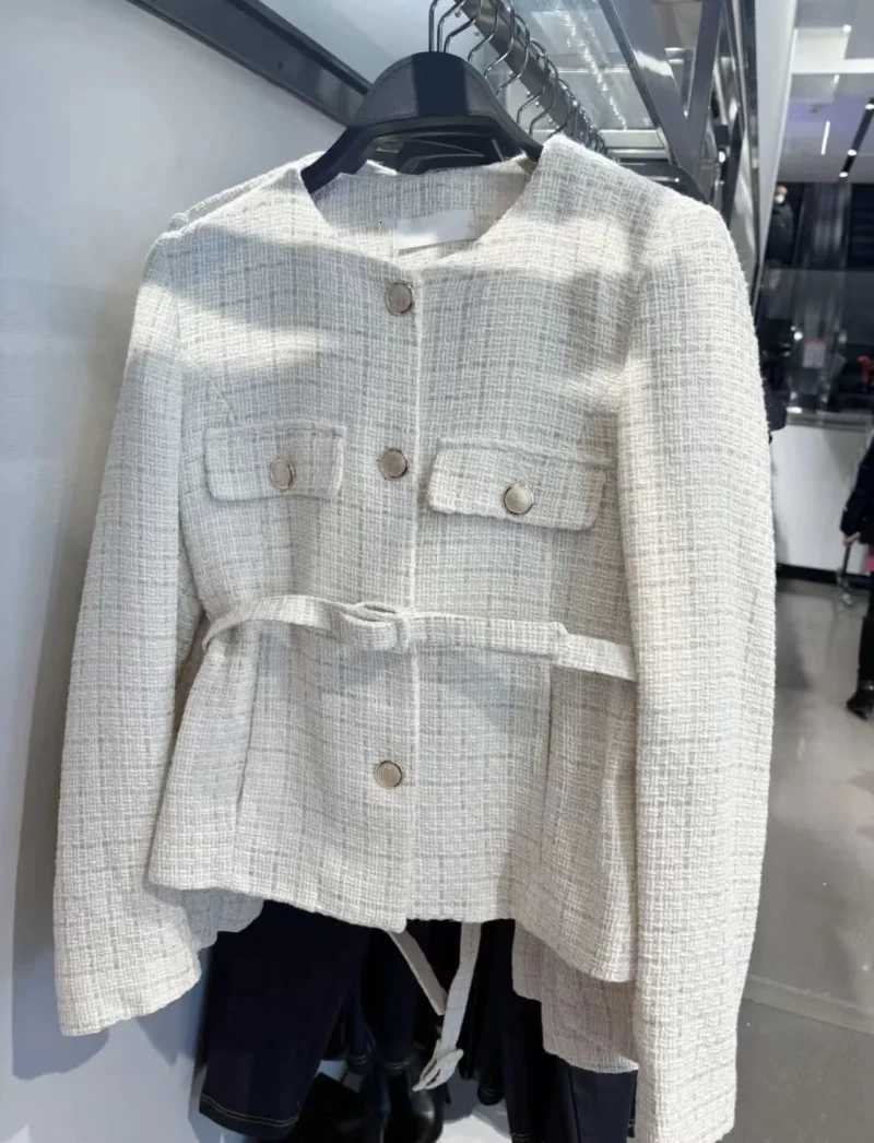 ETJ 2025 Womens Spring collection Vintage crewneck Fashion Gold button-up belt textured casual blazer for women jacketT260328