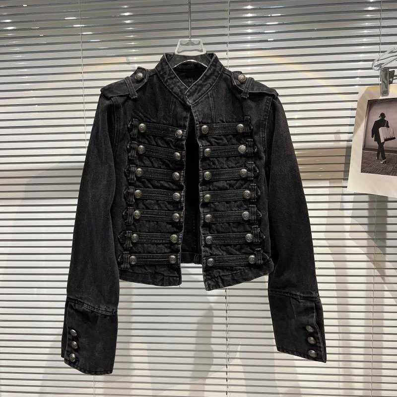 Punk Style Black Stand Up Collar Denim Jackets Vintage Washed Motor Coat For Women 2025 Autumn New Loose Long Sleeve OuterwearT260328