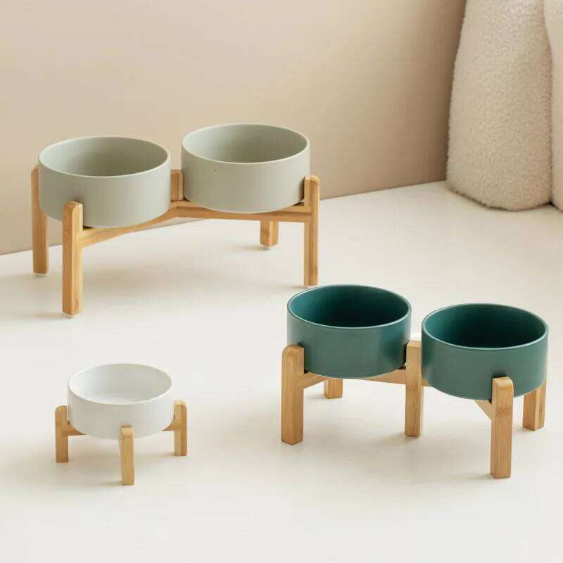 Big Dogs Bowl Double Ceramic Elevated Pet Food Water Feeders Small Medium Large Dog Feeding Supplies with Wooden Stand 26W0330
