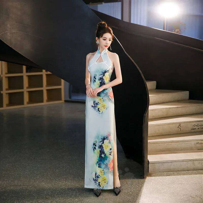 Green Blue Chinese National Cheongsam Women Summer Sexy Backless Sleeveless Floral Vintage Dress Long Qipao S To 5Xl MAKOUFEI