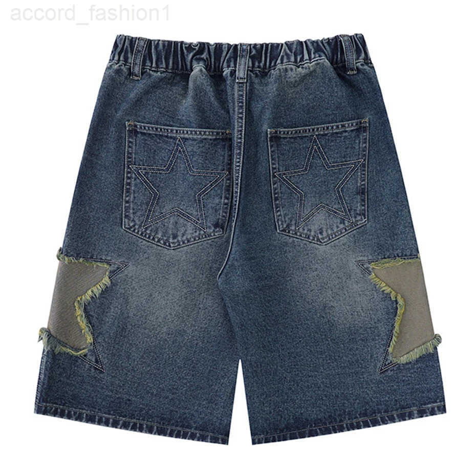 Retro Star Splicing Denim Shorts Men Summer Harajuku Streetwear Jeans Shorts Fashion Casual Loose Blue Denim Shorts Unisex H260330