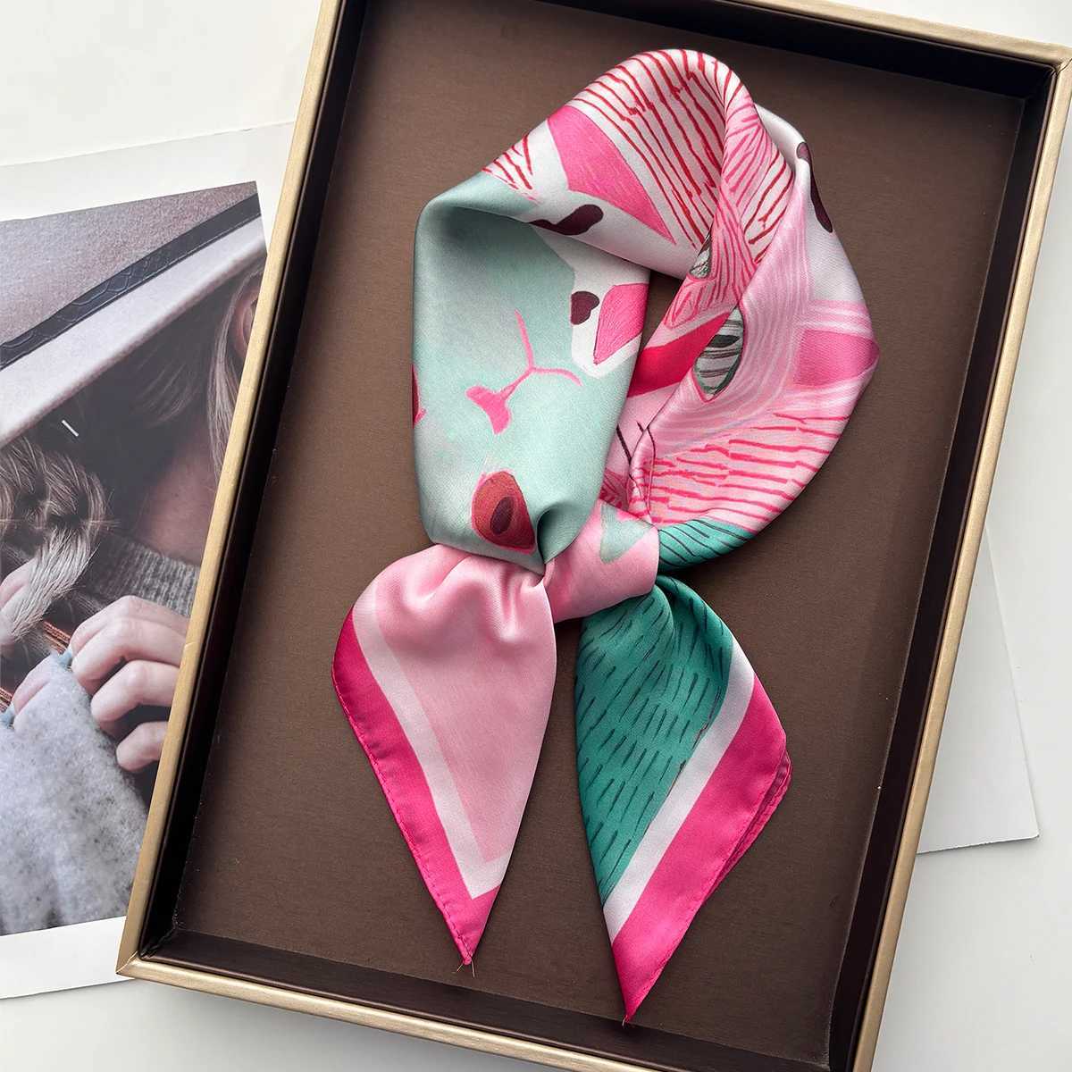 2026 Wen Square Scarf Silk Imitation Cute Cat Cartoon Print Neckerchief Bandana Lady Shawl Scarves Wrap Hair Band Ties X260328
