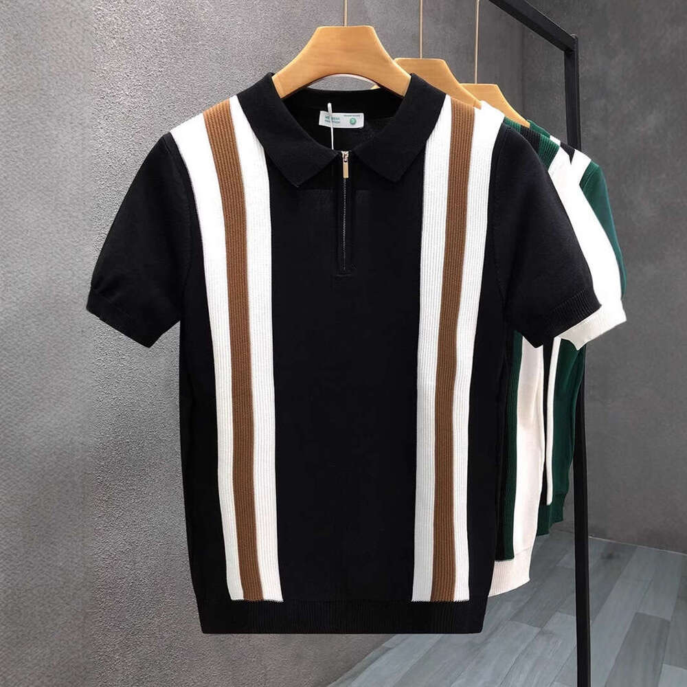 luxury New Summer Color Block Half-Zip Polo Shirt for Men, Thin Knit Short-Sleeve T-Shirt with Turn-Down Collar