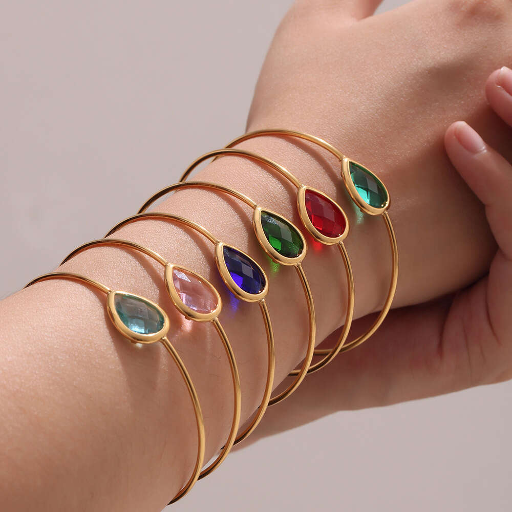 Water Drop Shaped Colorful Zircon Adjustable Open Bracelet For Women, Stainless Steel Plated With 18K Gold, Light Luxury And Simple Jewelry