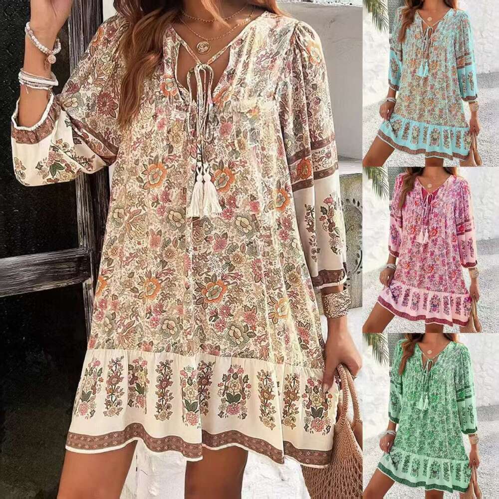 In-stock European and American cross-border printed shirt, foreign trade spring-summer casual bohemian vacation V-neck dress for women