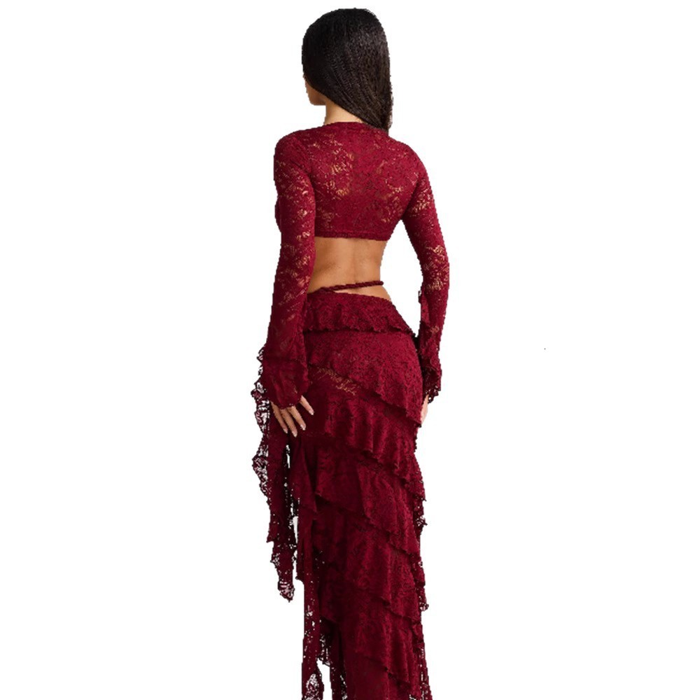 Sexy Lace Hollow Out Skirt Set Women Square Collar Ribbon Crop Top A-line Mini Split Skirt Female Sets Summer Lady Suit 250614