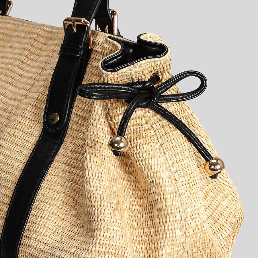 Pleated Drawstring Straw Tote New Vacation Beach Bag Women Large Capacity Woven Handbag