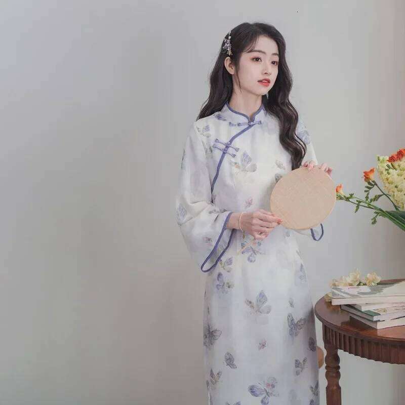 Autumn Chinese Style Women Qipao Dress Butterfly Print Long Sleeve Modern Improved Cheongsam Elegant Ladies Evening Dresses MAKOUFEI
