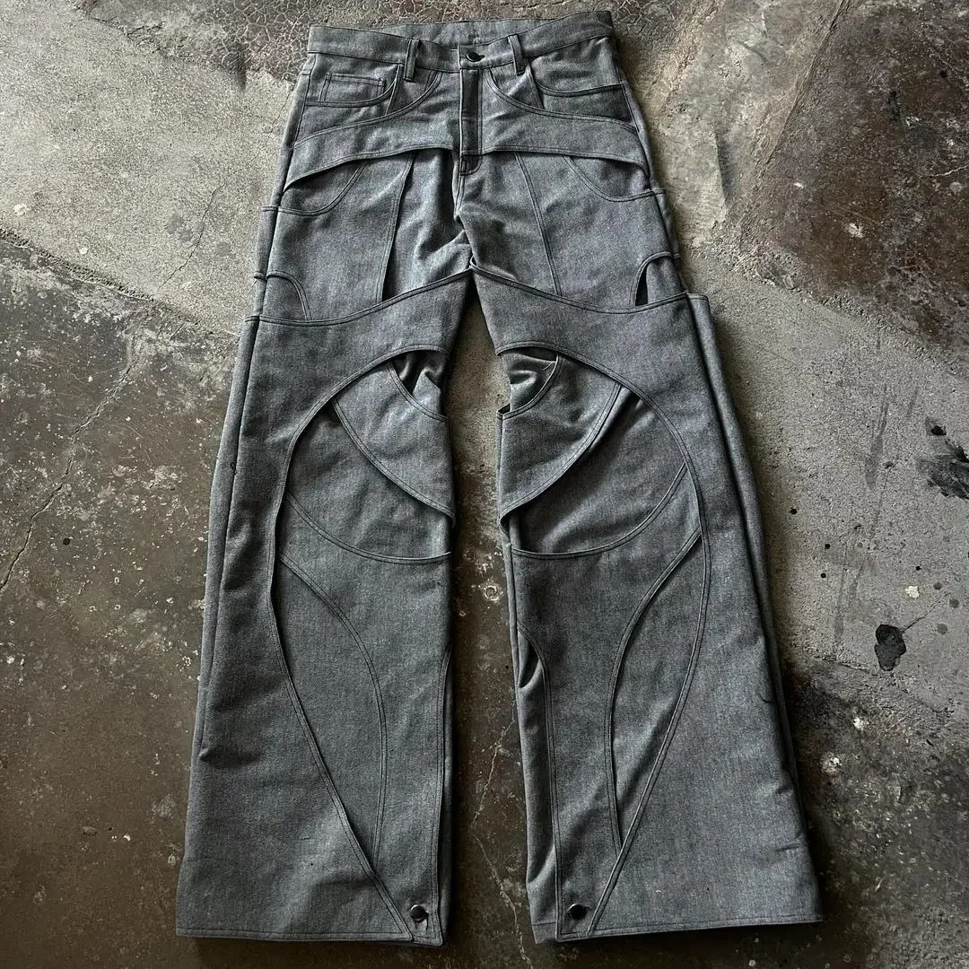 Y2k Casual Floor Mopping Pants Hollow Cotton Loose Jeans for Mens Solid Color Retro Work Jeans Clothes Men and Women 260326