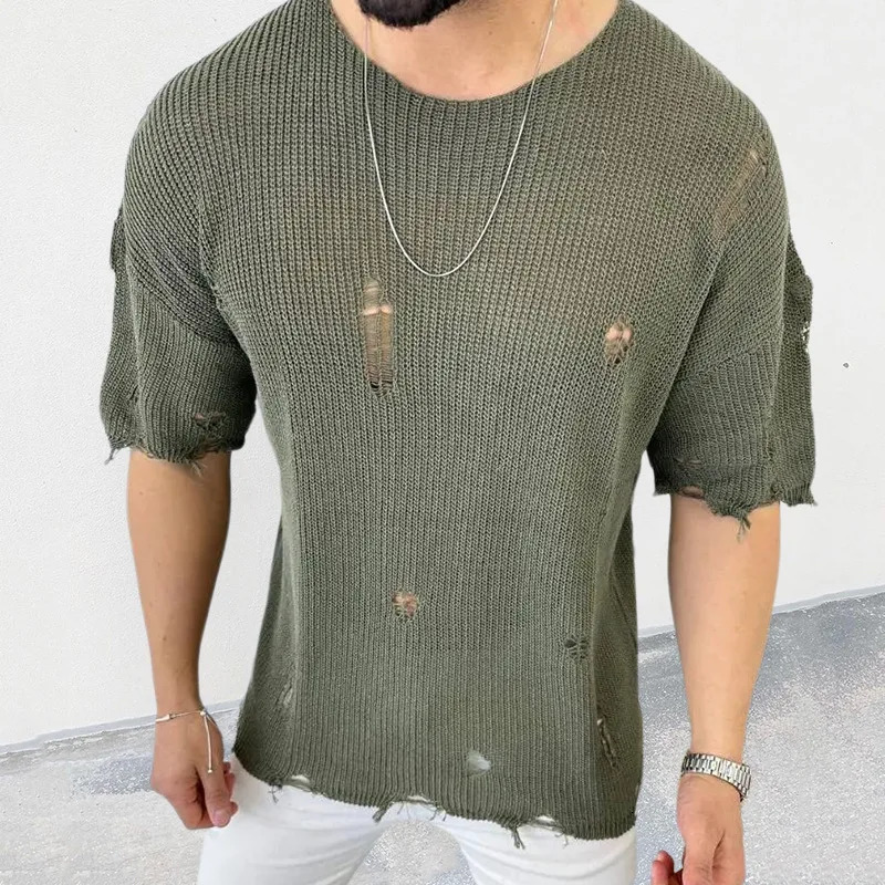 Summer Men Sweater Thin Short Sleeve O-neck Knitted T-shirt Tops Casual Hollow Loose Knit Shirt Pullover Male Streetwear 260327