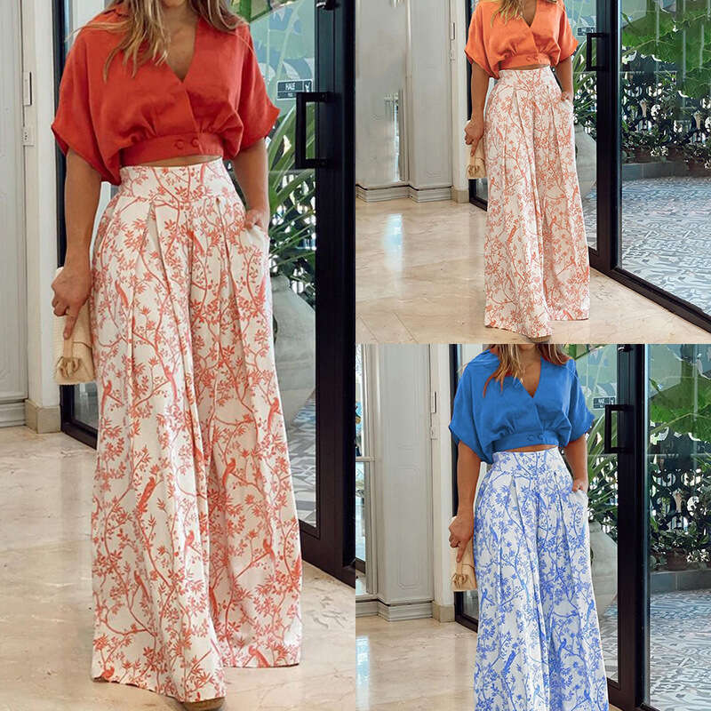 2026 Spring New Collection: Cross-Border European and American Foreign Trade Women's Clothing, Casual Style V-Neck Printed Slim-Fit Short-Sleeve 