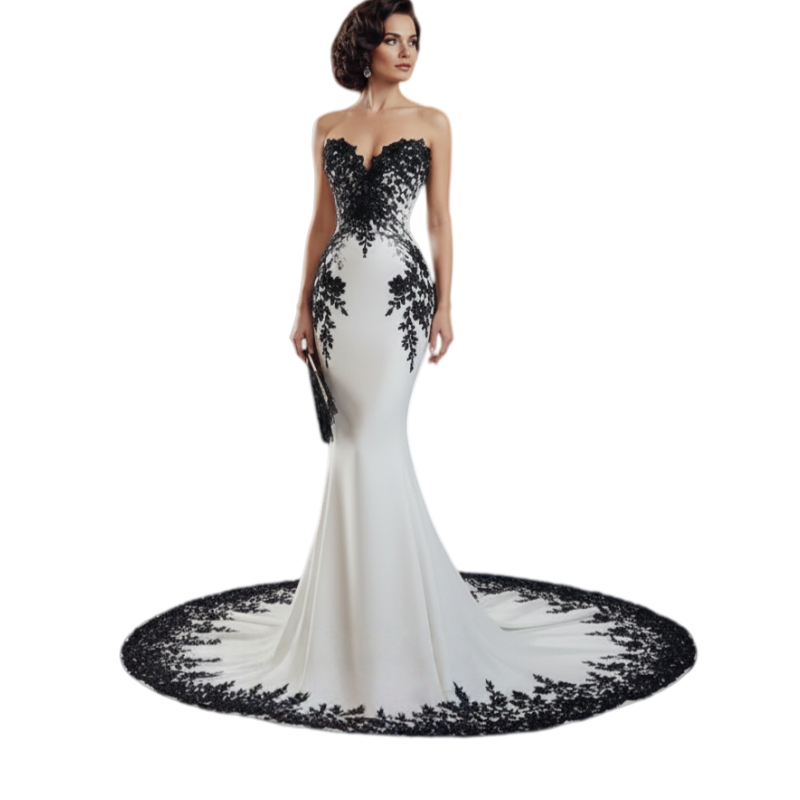 Gothic Black And White Mermaid Wedding Dresses Lace Appliques Sweetheart Neckline Sleeveless Satin Long Vintage Bridal Gowns Court Train