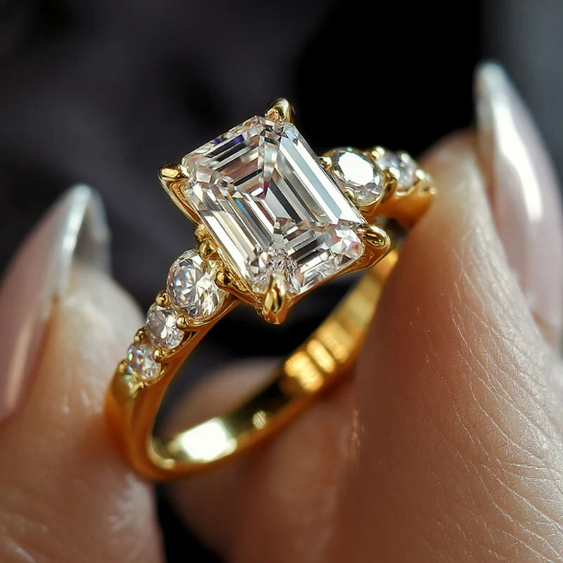 Classic Three Stone Princess Cut Ring 14k Gold Plated 5A Cubic Zirconia Engagement Ring Paved Band Wedding Promise Ring for Bridal Jewelry Gift Size 6