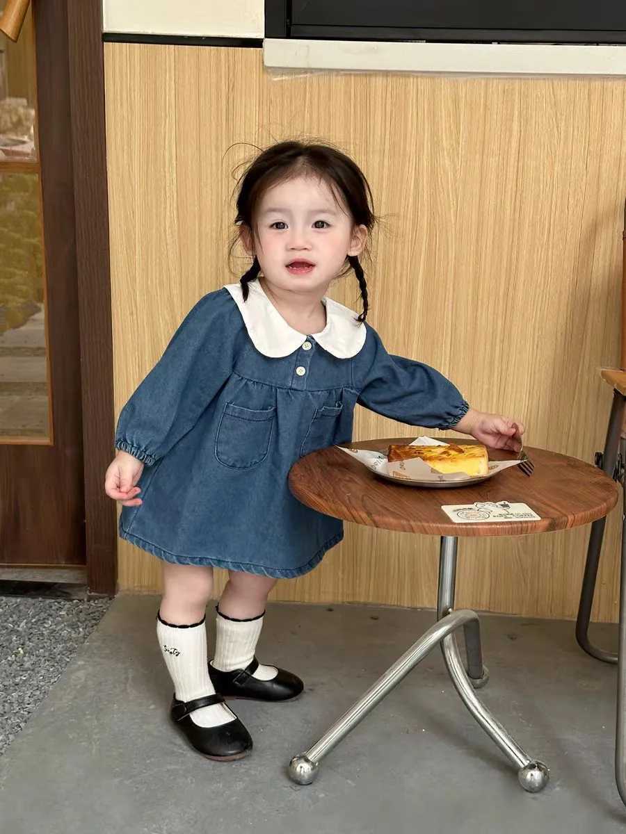 Q2495 Korean Style Spring Autumn Baby Dress Cute Loose Lapel Long Sleeve Soft Denim Dress Doll Collar One Piece Baby OutfitT260330