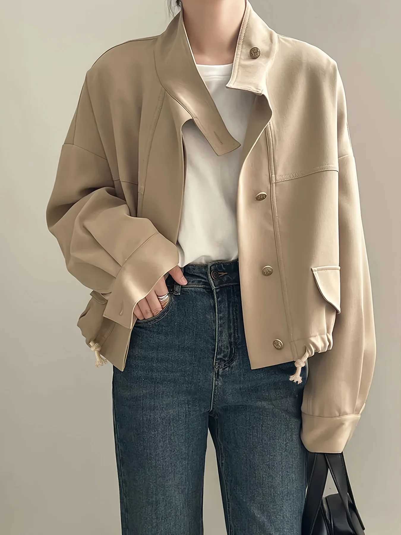 Womens Khaki Oversized Bomber Jacket Stand Collar Casual Short OuterwearT260328