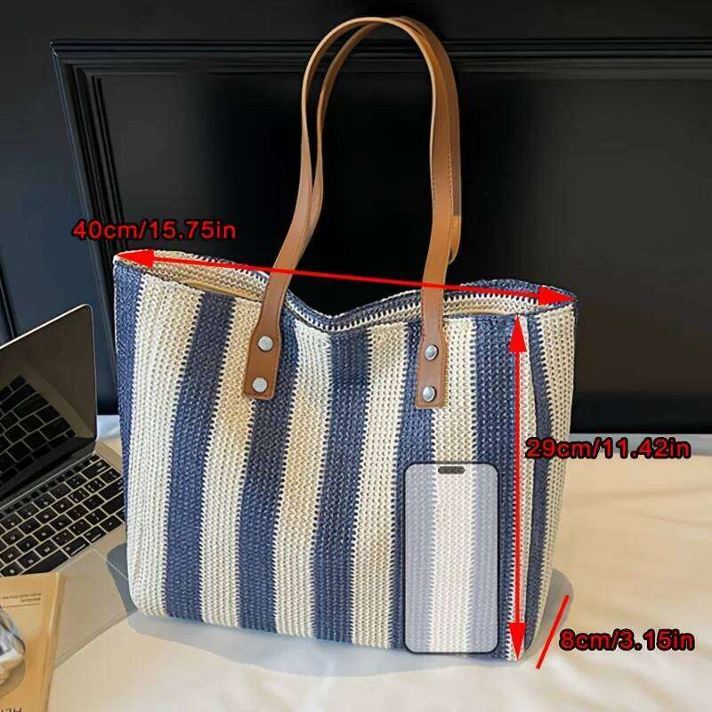 New Women S Fashion Classic Striped Pattern Retro Single Shoulder Bag Large Capacity And Versatile Straw Woven Multi Compartmen XIU LAI SI