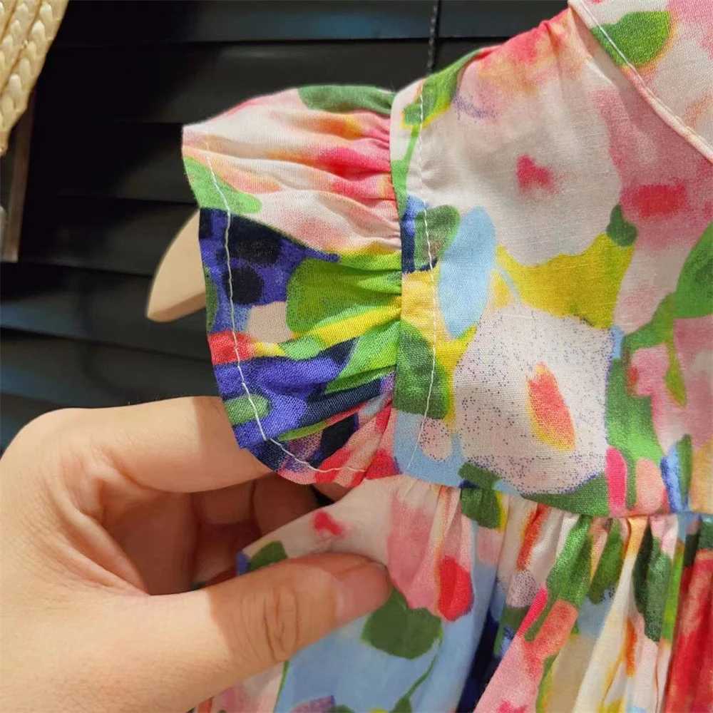 Bear Leader Girls Dress 2023 Summer New Girls Round Neck Flower Print Flying Sleeve Dress Fashion Childrens Print DressT260330