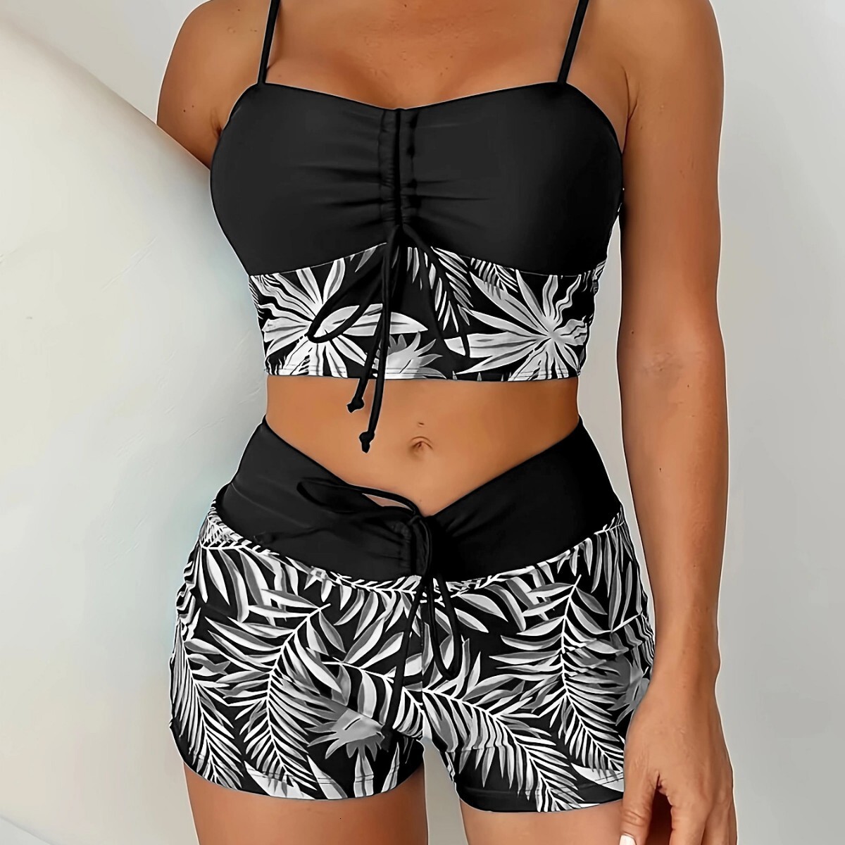 Free Shipping High Value 2026 European American foreign trade women's two-piece high-waisted swimwear with tie straps, printed and solid color, p