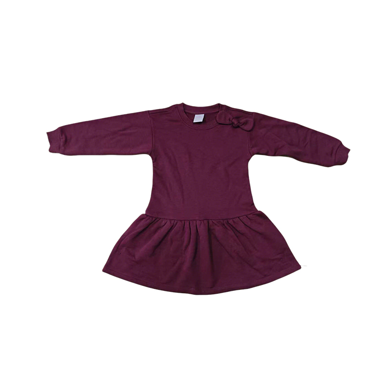 Kids Girls Burgundy Long Sleeve Dress with Bow Detail, Ruffle Hem Casual Sweatshirt Dress