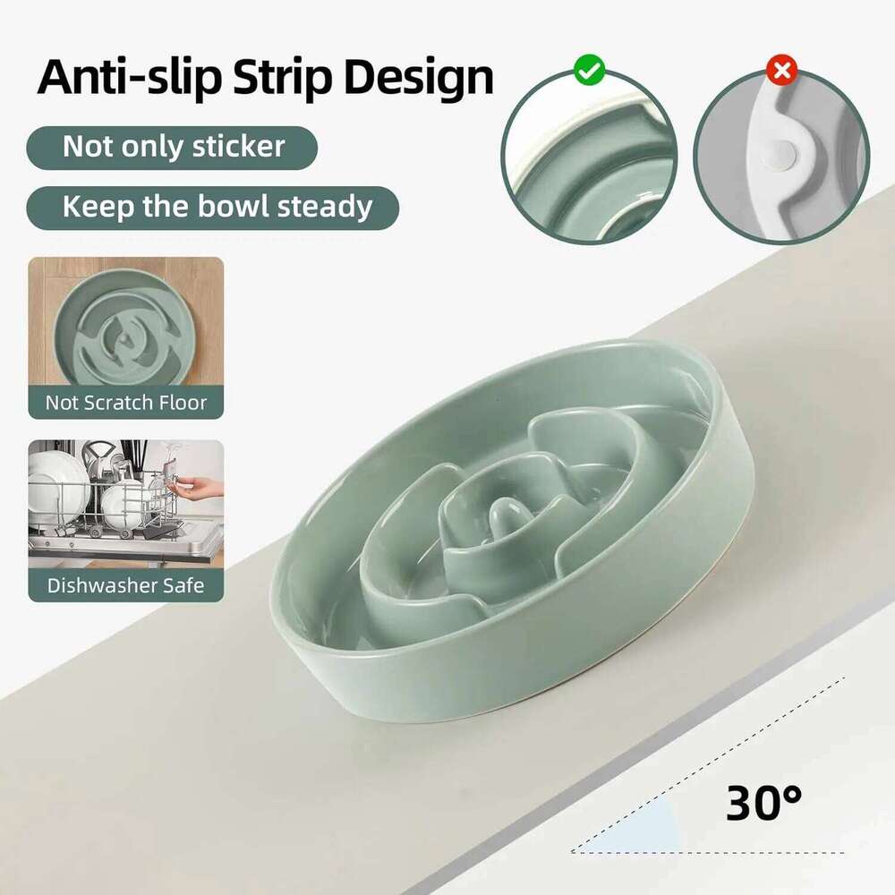 Ceramic Slow Feeder Dog Bowl for Medium/Large Breeds, Anti-Gulping Dish to Prevent Bloat and Choking, Light Green 26W0330