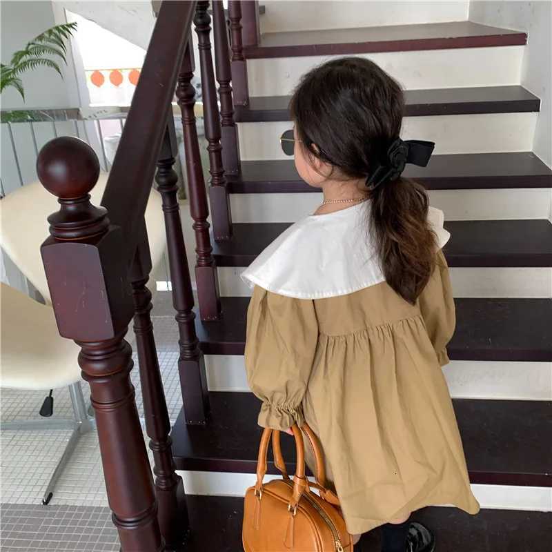 Girl Dress Spring 2024 New Retro Van Doll Pointed Collar Girls Dress Long Sleeve Khaki Princess Dress Sweet Casual DressT260330