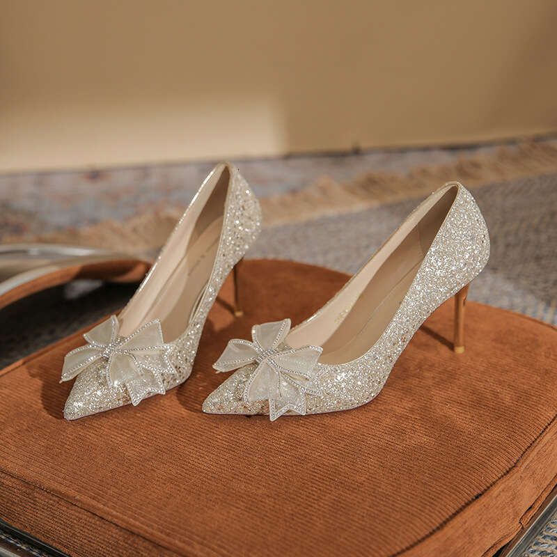 2026 Women French Style High Heels Bride Dress Banquet Rhinestone Bow Wedding Shoes Elegant Pointed Toe Sequin Pumps