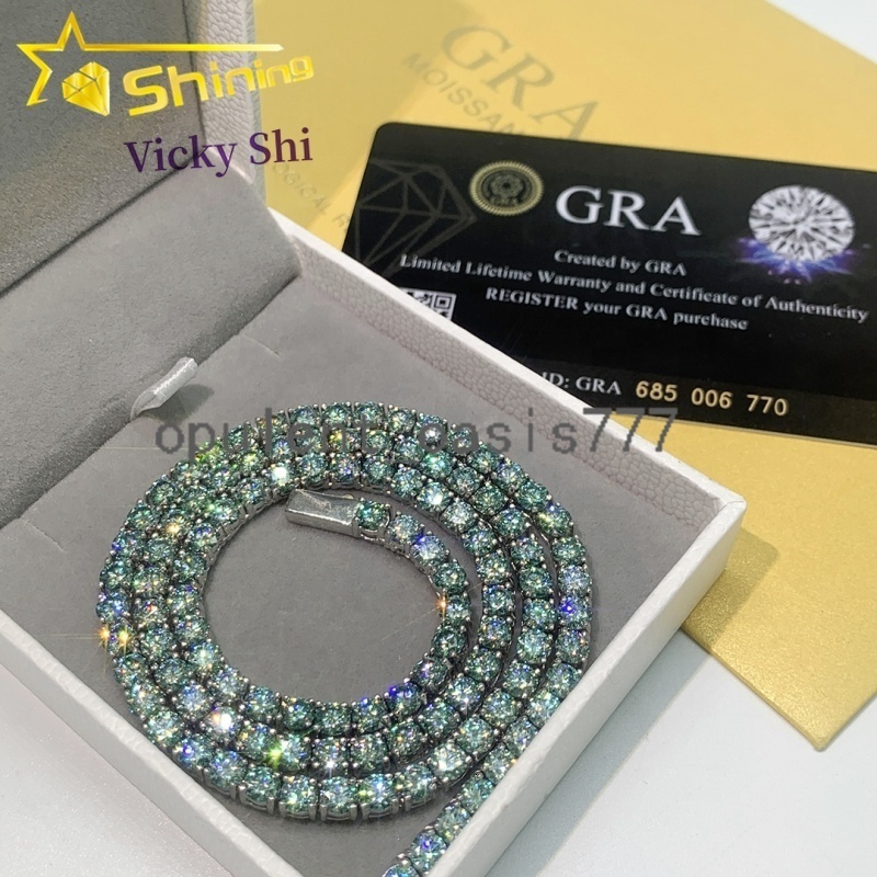 Hot Sell 925 Silver Hip Hop Jewelry Pass Diamond Tester Blue Green 3mm Moissanite Tennis Chain Bracelet Necklace