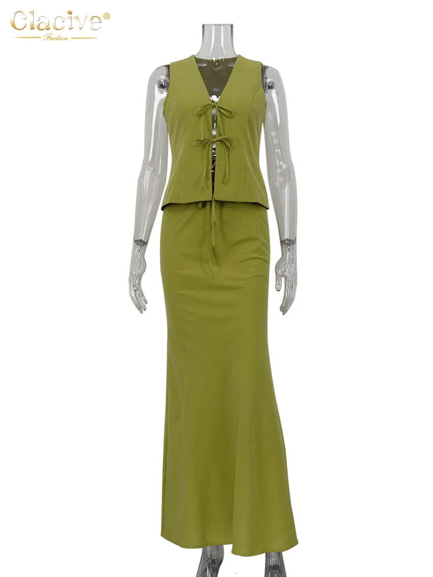Clacive Sexy Slim Green Cotton 2 Piece Sets Women Outfit Summer Sleeveless Tank Top With Mid Waist Long Skirts Set Female 260326